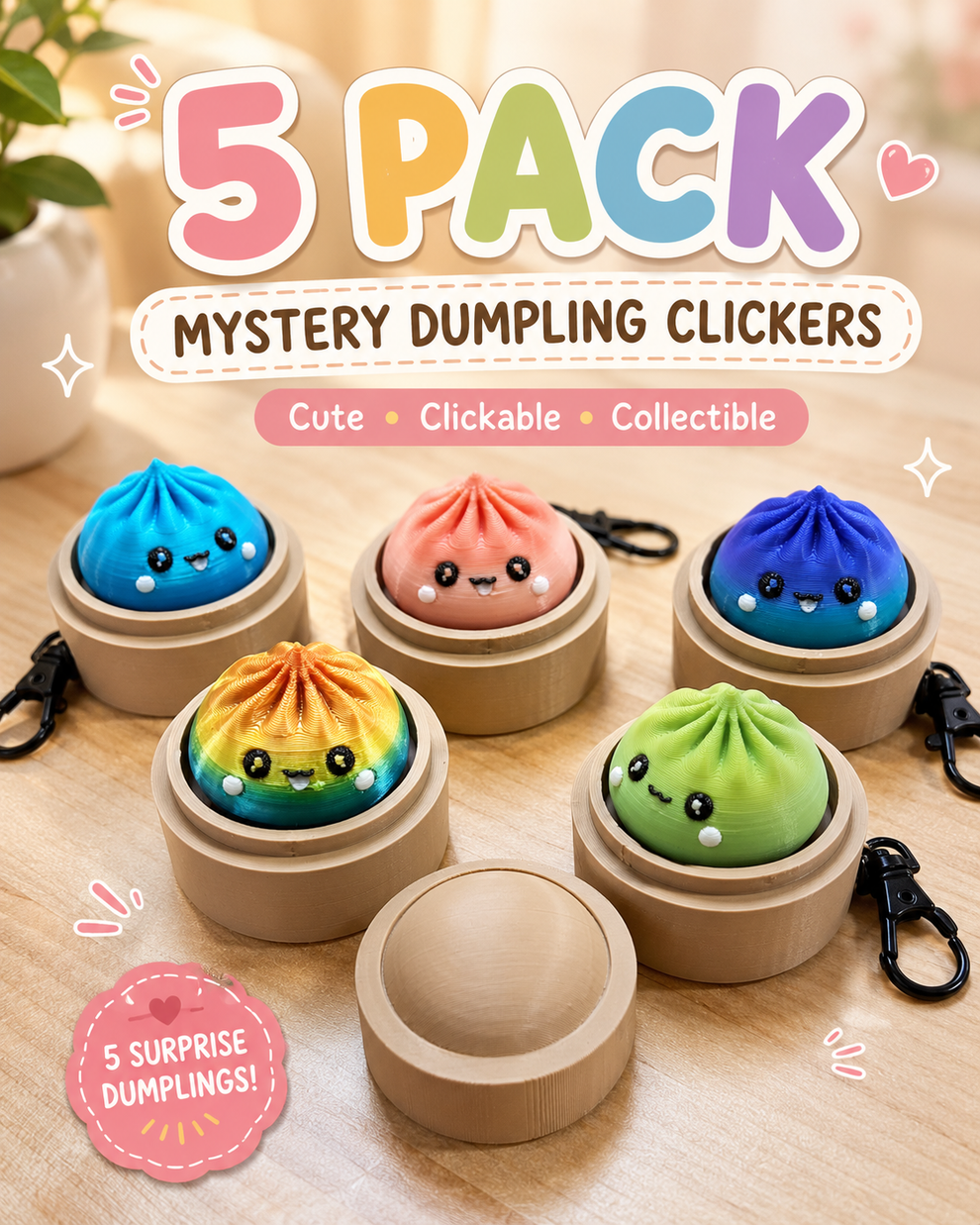 5 PACK MYSTERY FIDGET CLICKER DUMPLING KEYCHAINS- 3D PRINTED